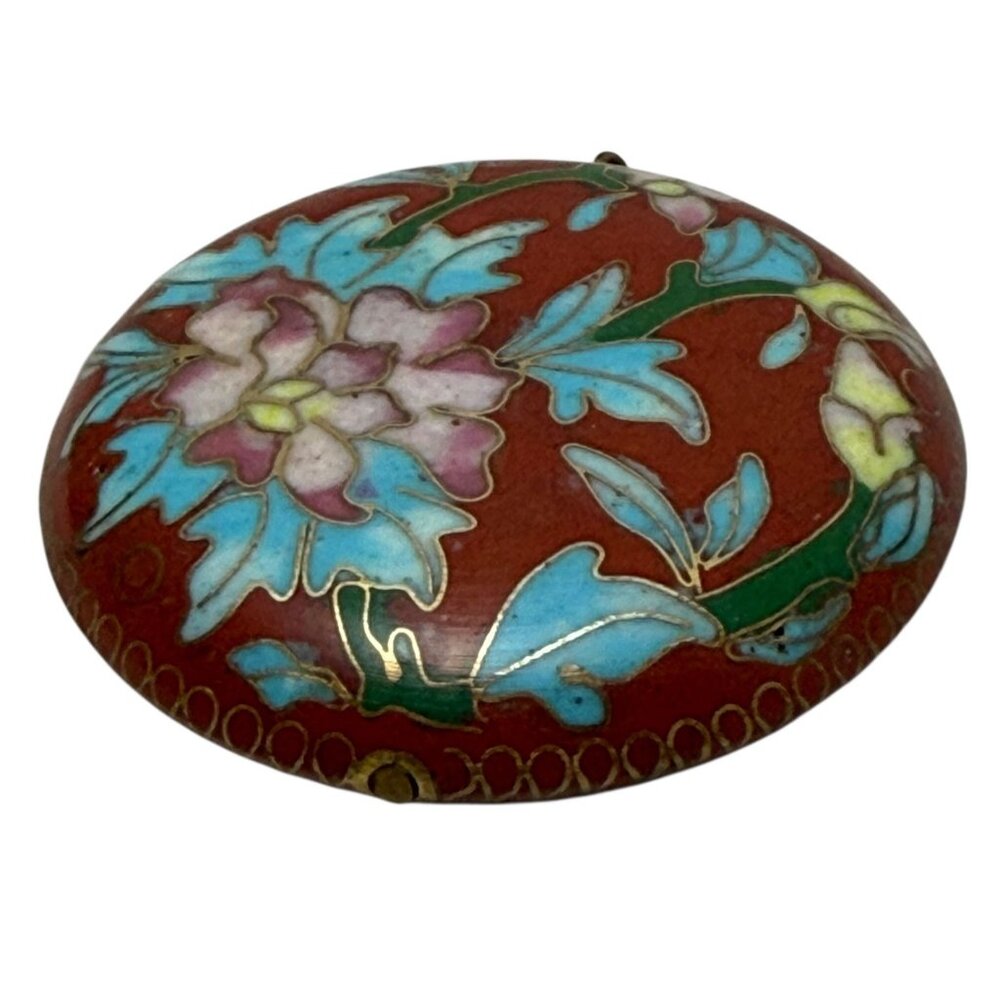 Vintage Cloisonne Pendant Round Red Chrysanthemum Floral Gold Tone 1.5" - Picture 5 of 6